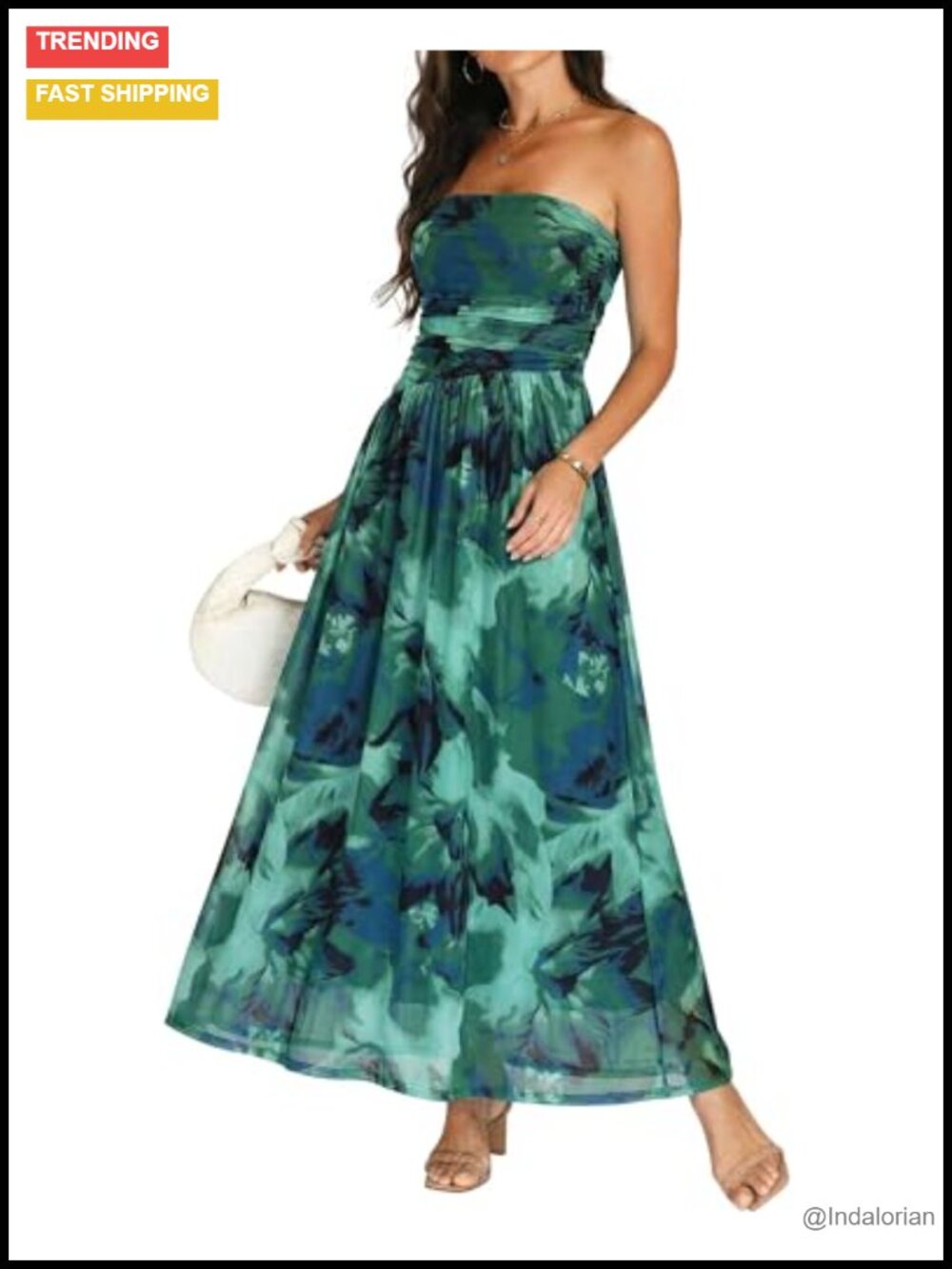 Floral Strapless Mesh Maxi Dress Fit Flare Wedding Guest